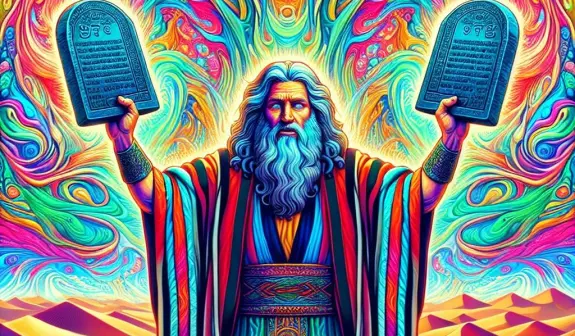 A majestic figure with a flowing beard holds two stone tablets, surrounded by vibrant, swirling colors and patterns.