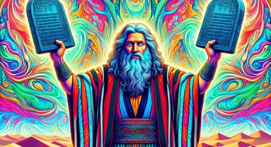 A majestic figure with a flowing beard holds two stone tablets, surrounded by vibrant, swirling colors and patterns.