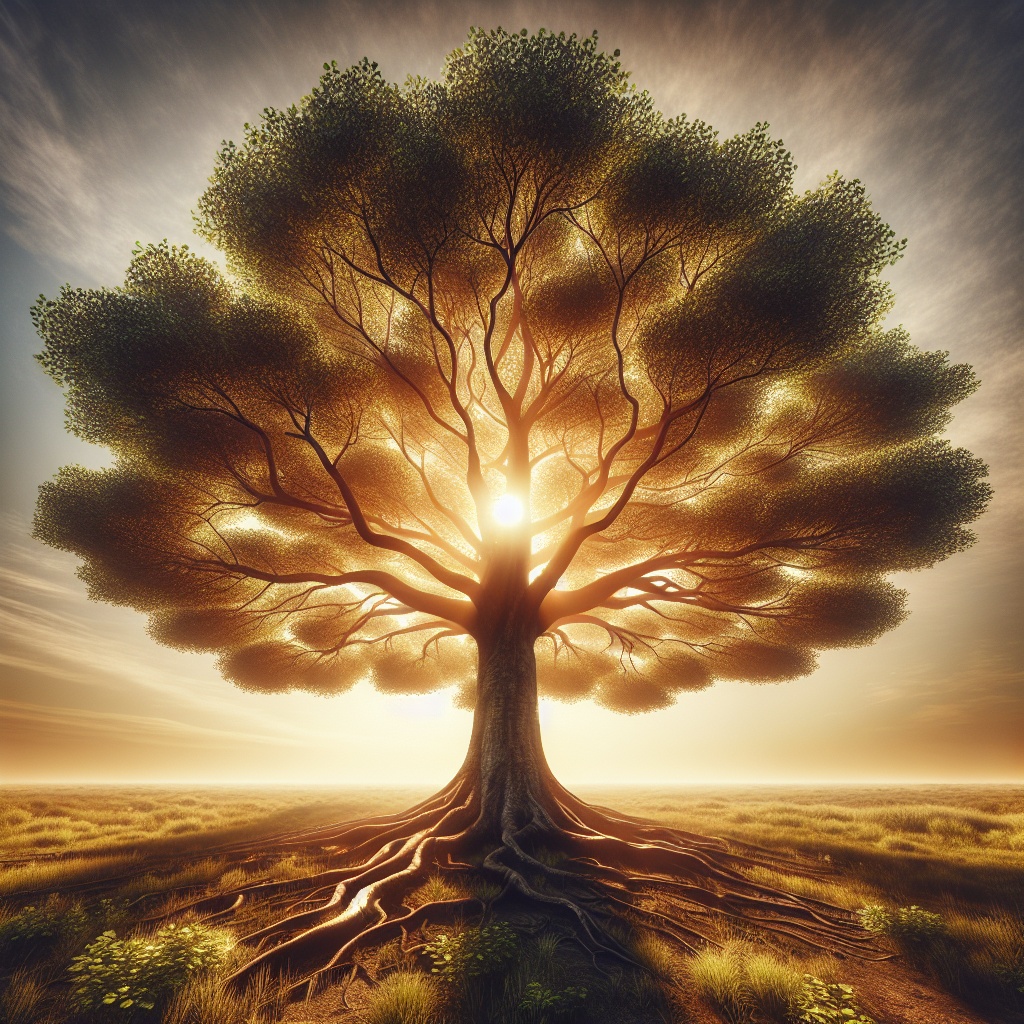 Majestic tree with sprawling branches and lush foliage, illuminated by a warm golden light at sunset.