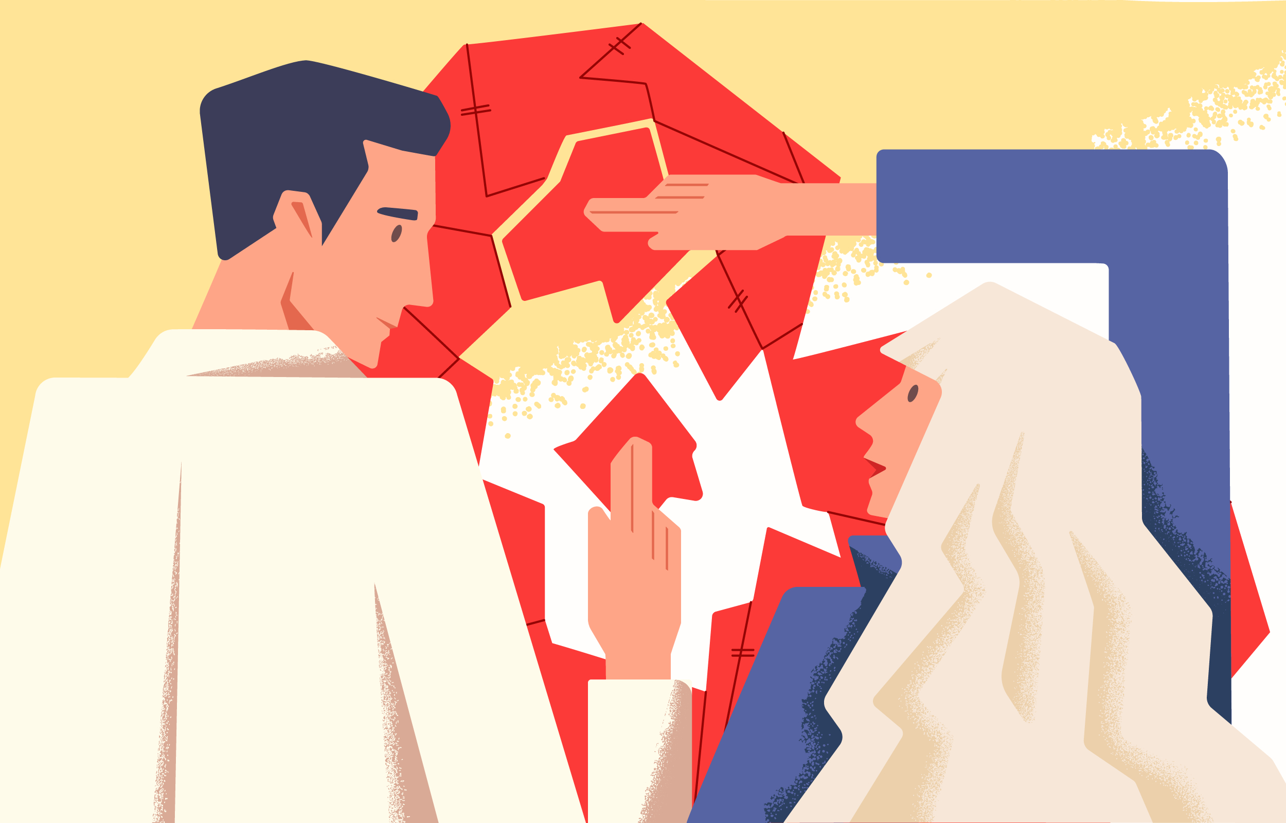 A man and woman face each other, with the woman gesturing towards a large red star symbol behind them.