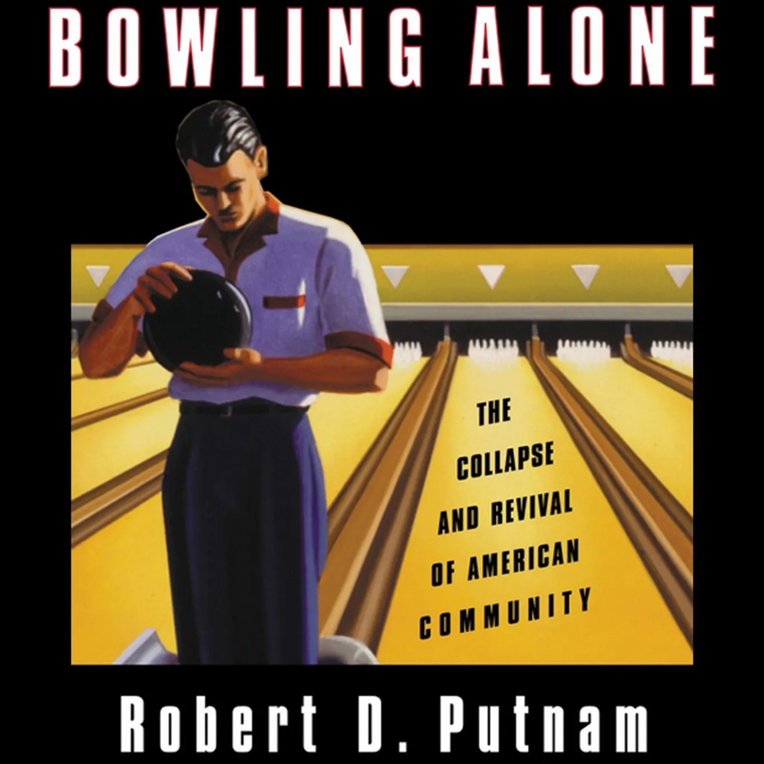 A man in a bowling shirt holds a bowling ball, standing in an alley with pins in the background. Book title and author dis...