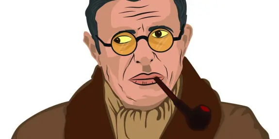 Man with glasses and a pipe, wearing a brown coat and turtleneck, gazes thoughtfully.