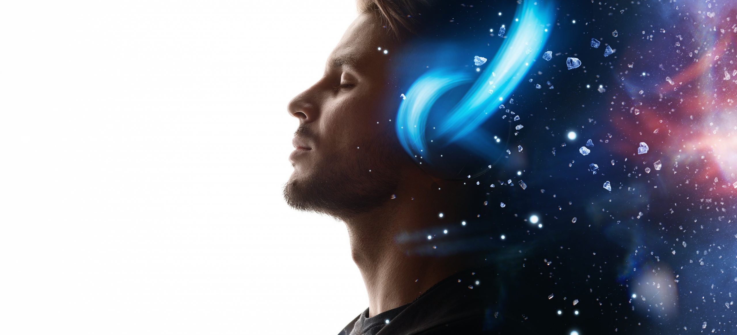 Man with headphones, eyes closed, immersed in a cosmic backdrop of stars and swirling colors.