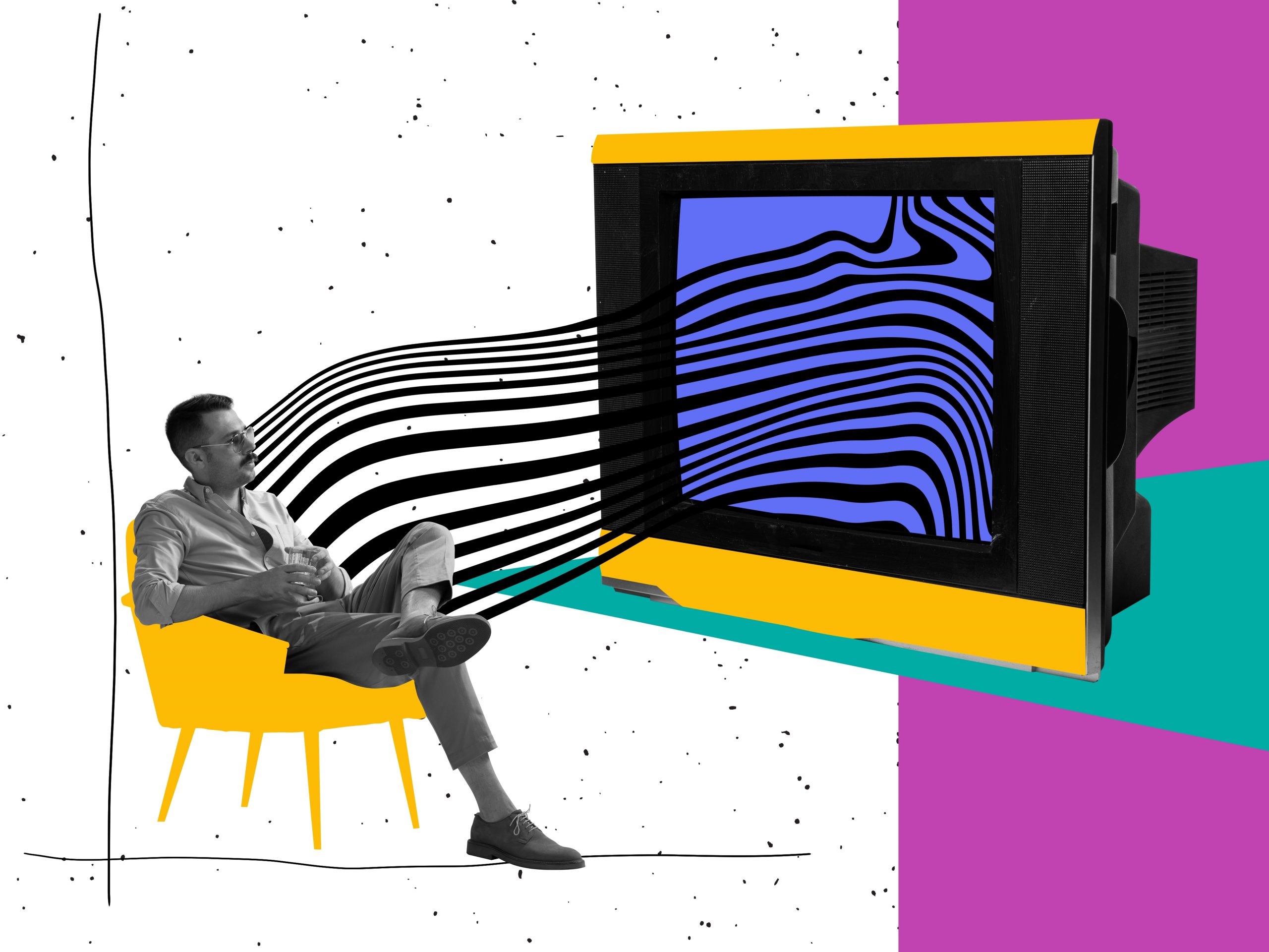 A man sits in a chair, gazing at a retro TV with colorful, wavy lines emanating from the screen.