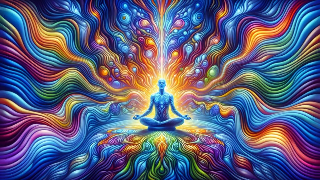A meditating figure radiates vibrant colors and swirling patterns, symbolizing energy and spiritual awakening.