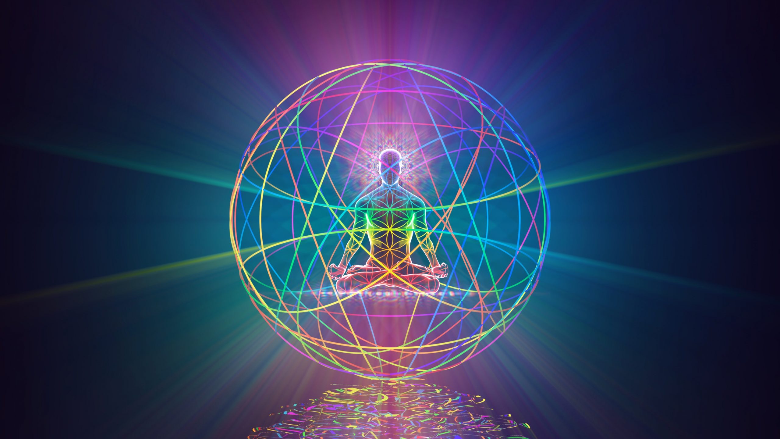 A meditating figure surrounded by a colorful, glowing geometric sphere, reflecting on a tranquil surface.