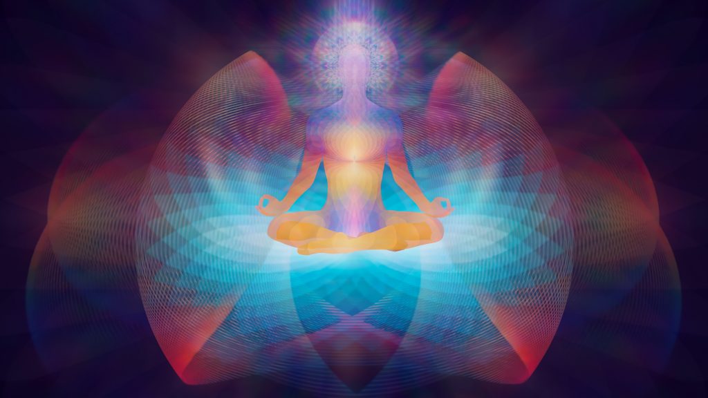 A meditative figure radiates vibrant colors, surrounded by swirling patterns of light and energy.
