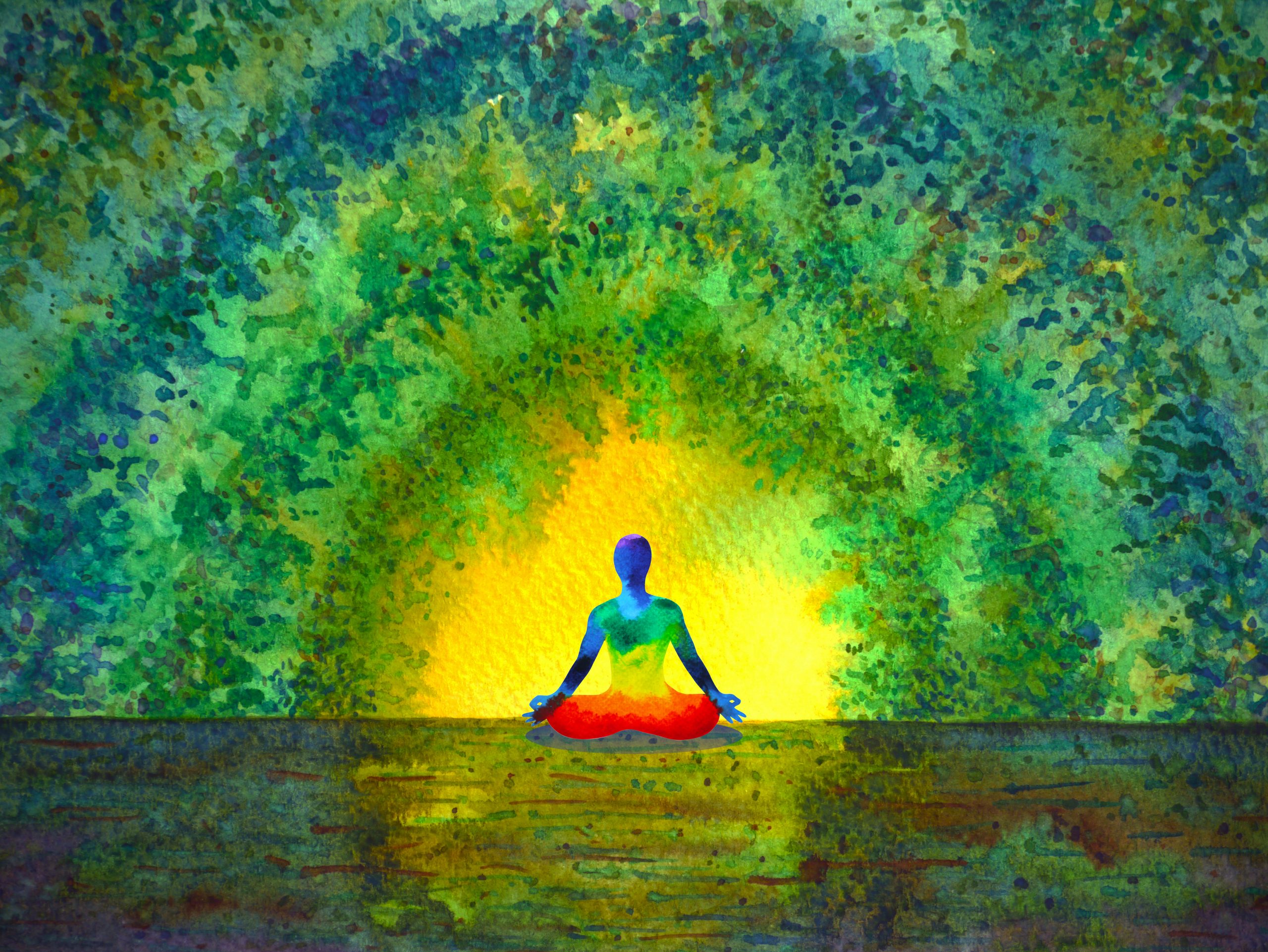 A meditative figure sits cross-legged against a vibrant, colorful backdrop of greens and yellows, radiating tranquility.