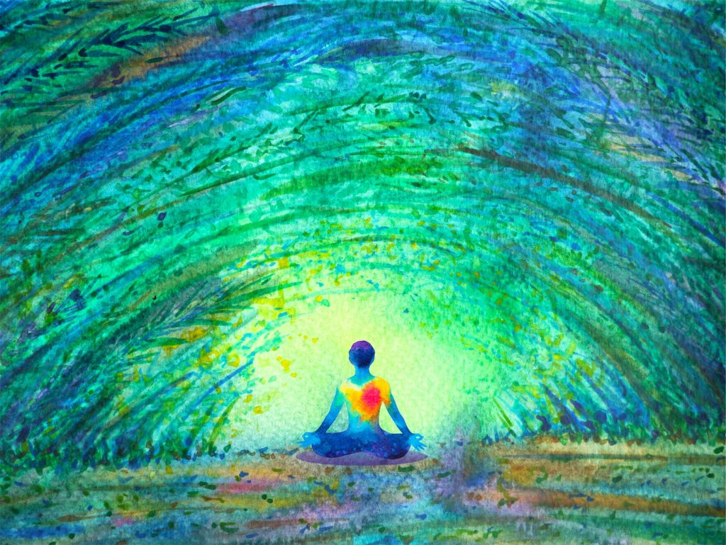 A meditative figure sits cross-legged under a vibrant, swirling canopy of blue and green hues, radiating tranquility.