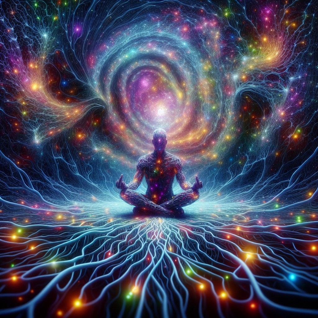 A meditative figure surrounded by a vibrant cosmic swirl of colors and light, with radiant energy emanating from the ground.