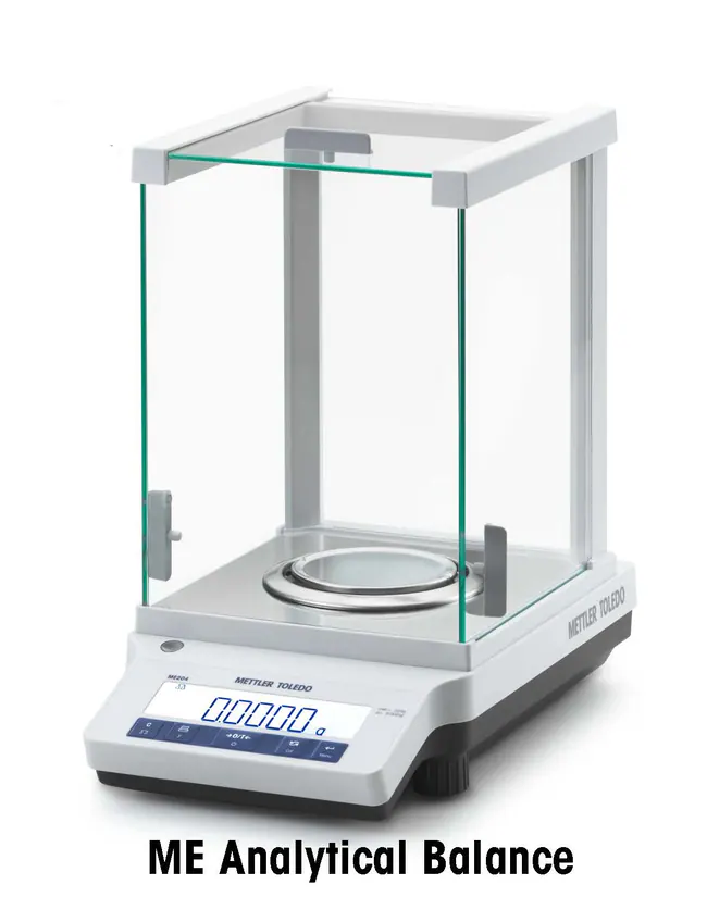 Mettler Toledo ME Analytical Balance with a glass enclosure and digital display for precise measurements.