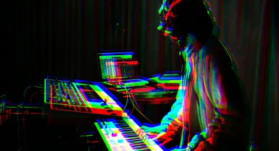 Musician playing a synthesizer with vibrant, distorted colors and a blurred motion effect.