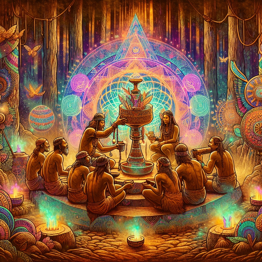 A mystical gathering of figures around a glowing altar, surrounded by vibrant patterns and ethereal symbols in a forest.