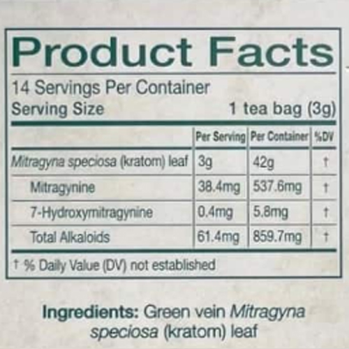 Nutritional label detailing kratom leaf contents, including serving size, alkaloid amounts, and ingredient list.