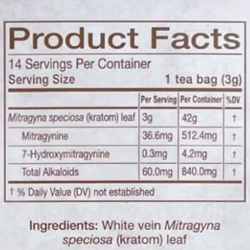 Nutritional label detailing serving size, alkaloid content, and ingredients for Mitragyna speciosa (kratom) tea.
