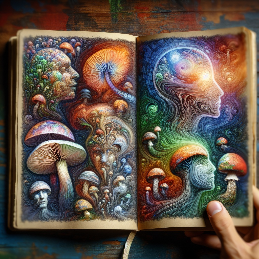 An open book displays vibrant, surreal illustrations of mushrooms and abstract human faces, blending nature and consciousn...
