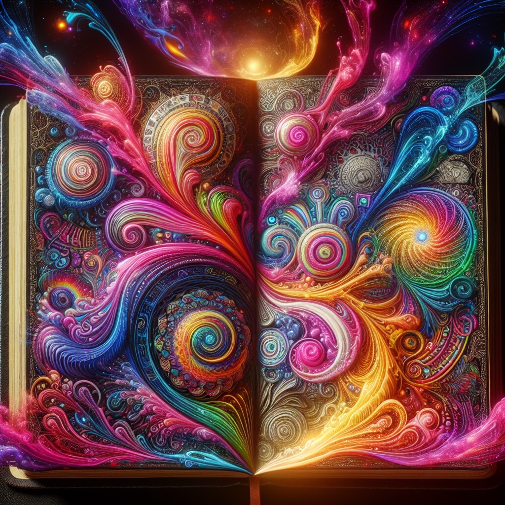 An open book with vibrant, swirling patterns in various colors, resembling cosmic energy and creativity.