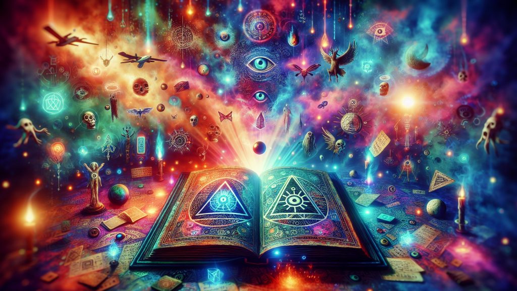 An open mystical book radiates light, surrounded by symbols, eyes, and celestial elements in a vibrant cosmic scene.