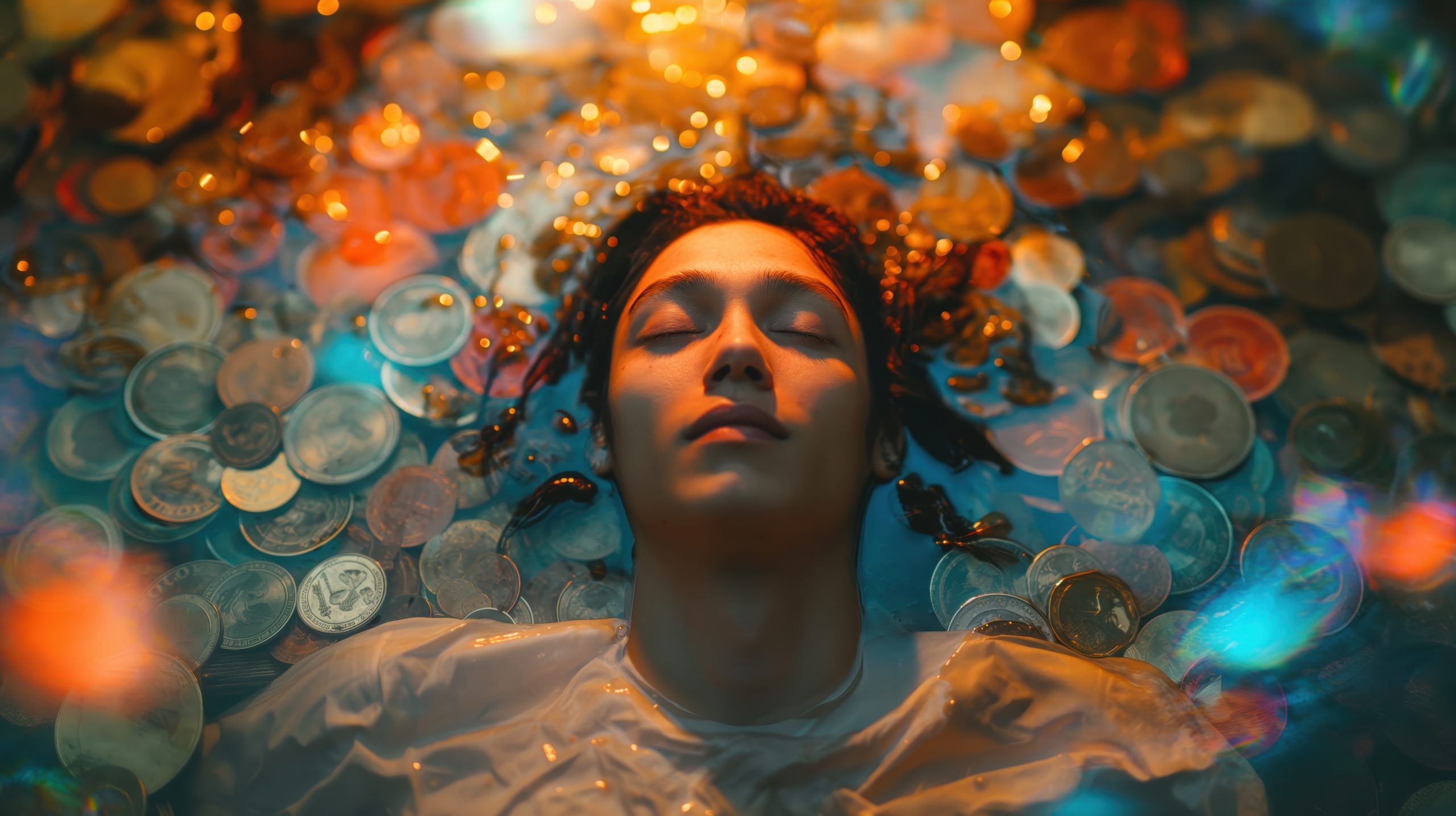 A person with closed eyes lies in a pool of coins, surrounded by warm, glowing lights and shimmering reflections.