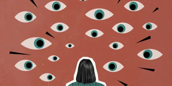 A person with dark hair stands against a red background, surrounded by numerous stylized eyes staring in various directions.