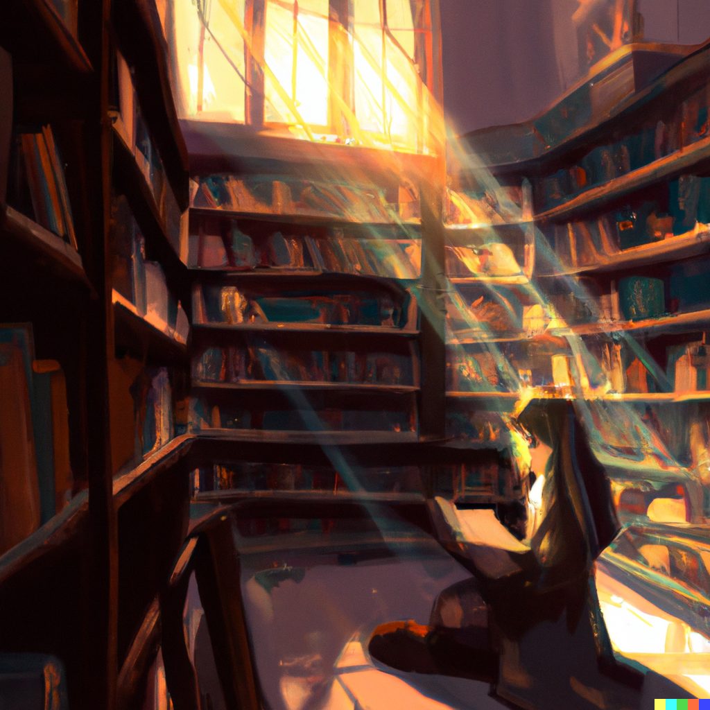 A person reading in a sunlit library, surrounded by tall bookshelves filled with colorful books.
