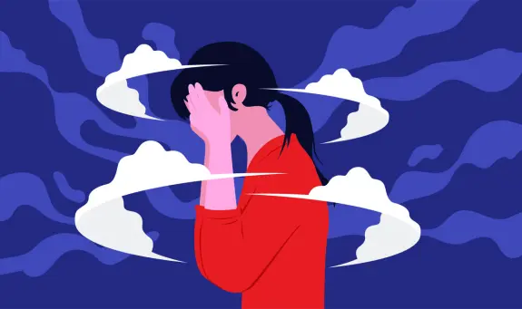 A person in a red shirt covers their face, surrounded by swirling clouds against a deep blue background, conveying distress.