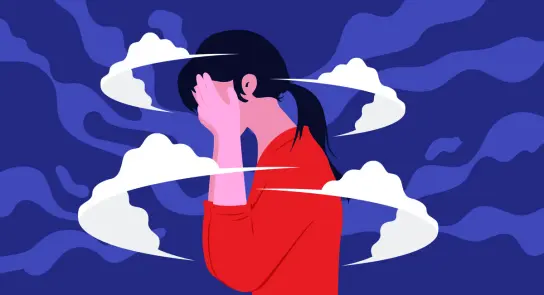A person in a red shirt covers their face, surrounded by swirling clouds against a deep blue background, conveying distress.