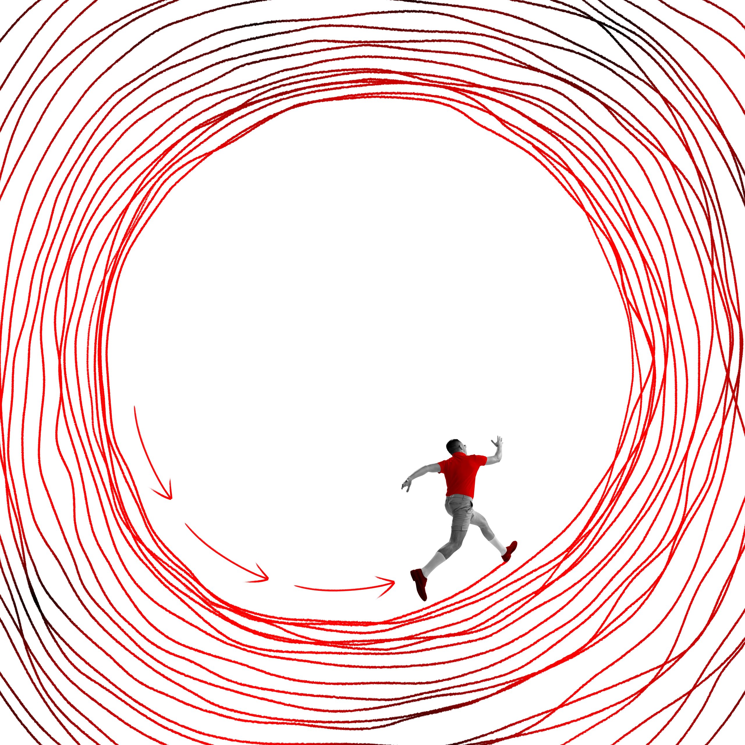 A person in a red shirt runs within a swirling pattern of red lines, symbolizing motion and energy against a white backgro...