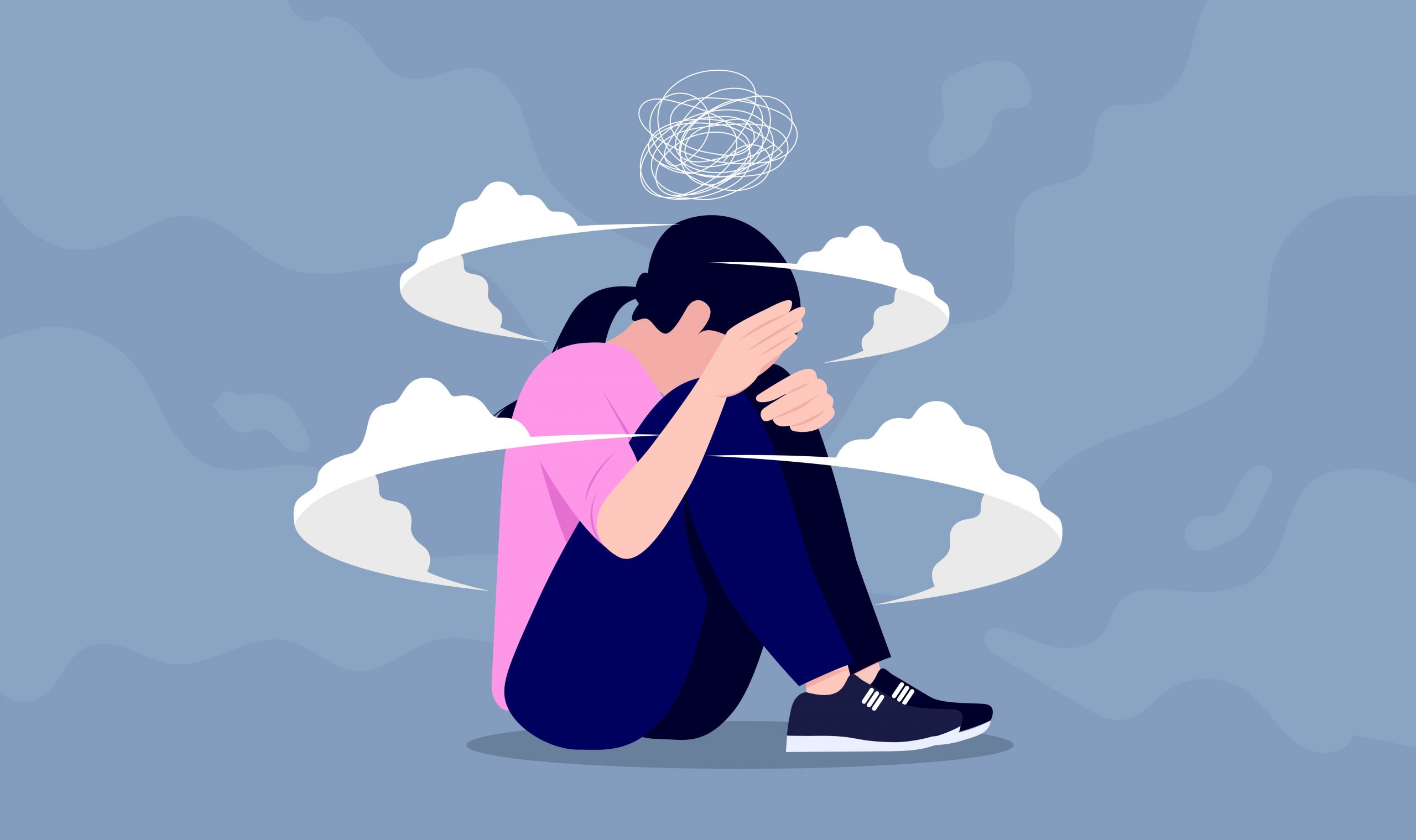 A person sits curled up with their head down, surrounded by swirling clouds, symbolizing anxiety and distress.