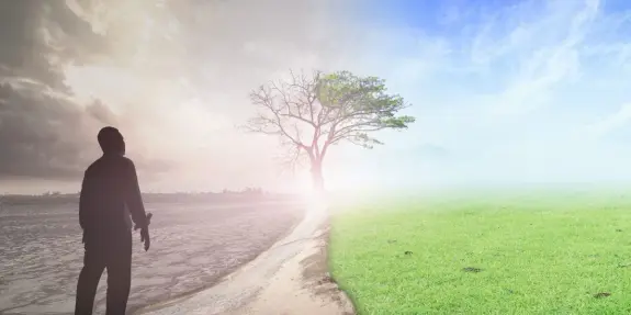 A person stands between a barren landscape and a vibrant green field, symbolizing contrasting environmental conditions.