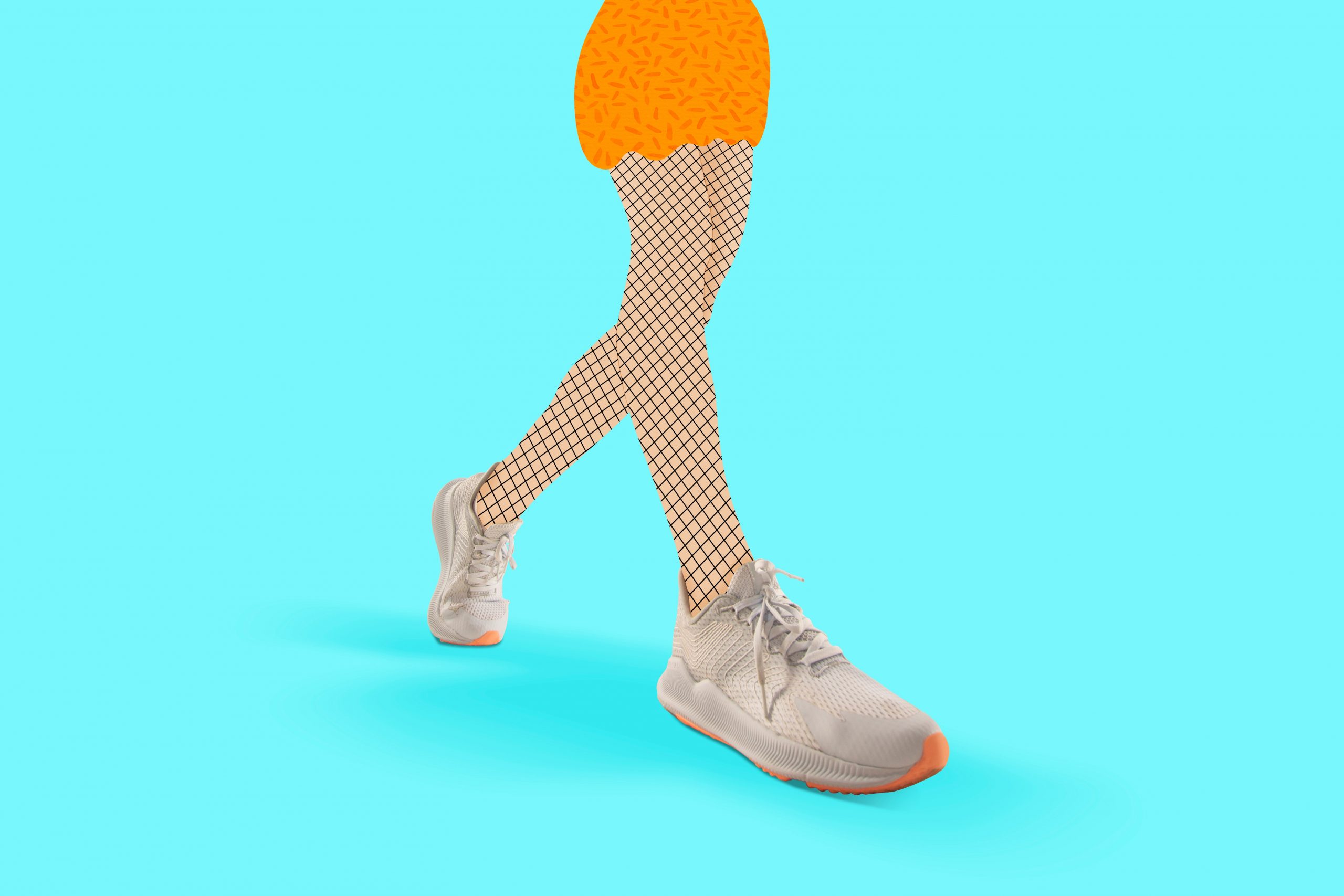 A person walks in white sneakers, wearing orange shorts and fishnet stockings against a bright blue background.