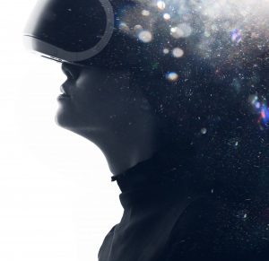 A person wearing a VR headset, surrounded by a cosmic, starry background.