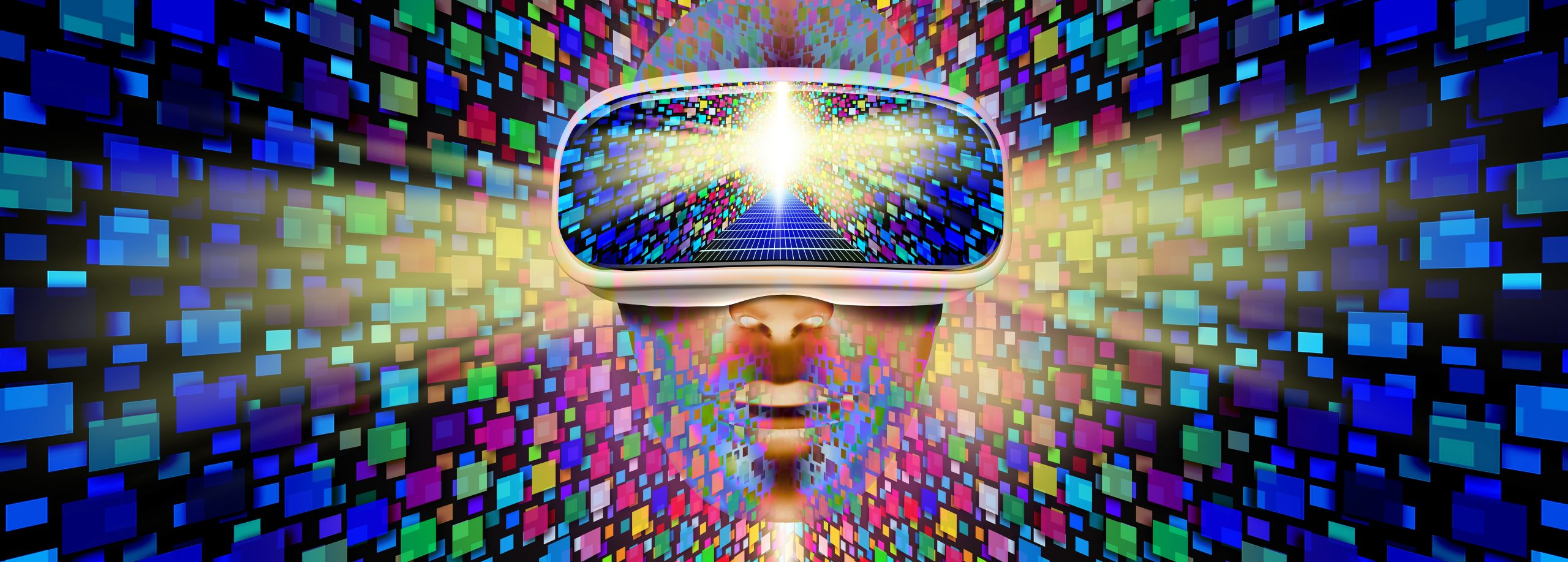A person wearing a VR headset surrounded by a vibrant, colorful digital landscape of squares and light bursts.