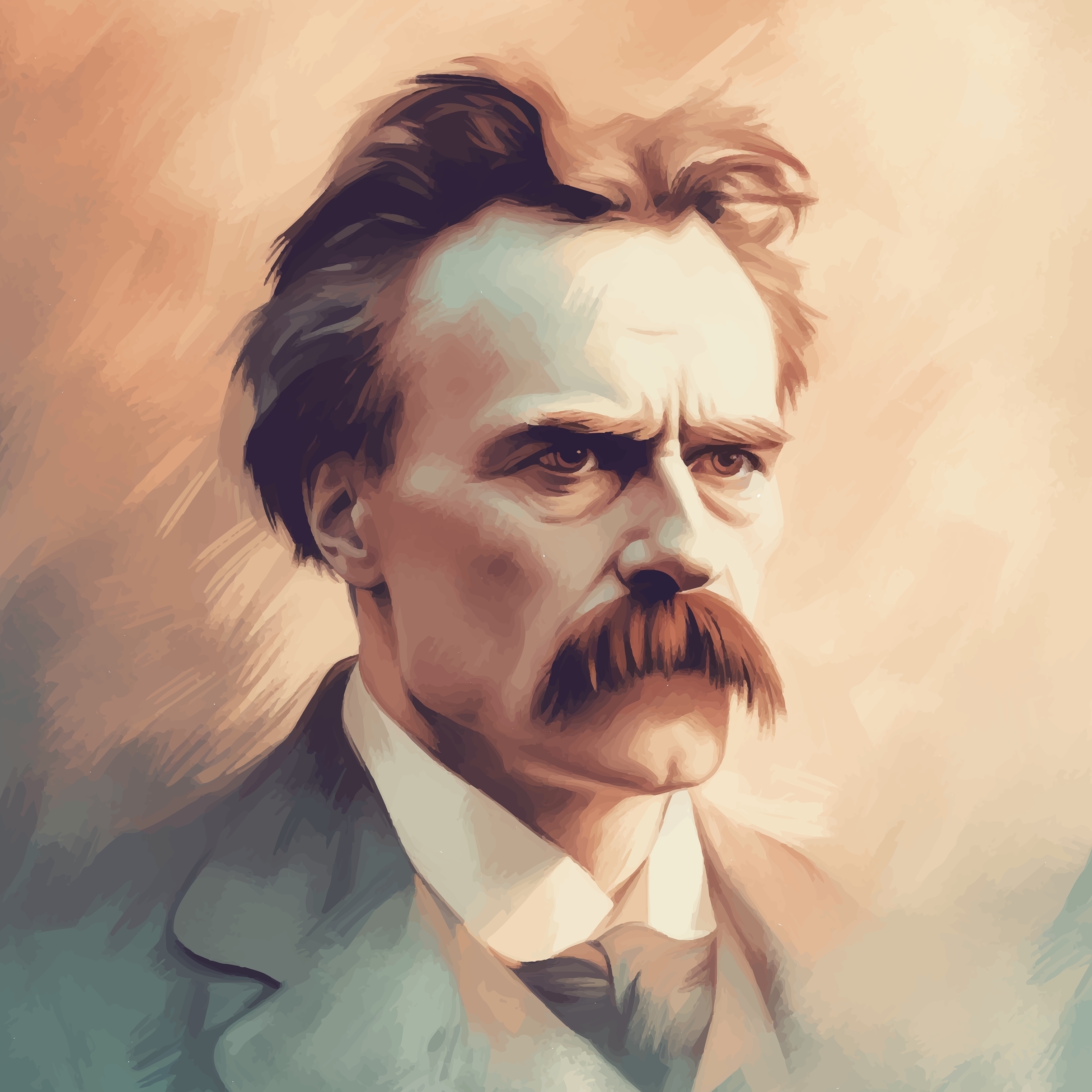 Portrait of a serious man with a prominent mustache and tousled hair, set against a soft, warm background.