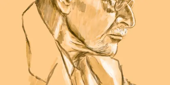 Profile of an older man with glasses, featuring a thoughtful expression against a warm, orange background.