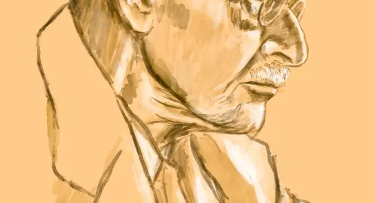 Profile of an older man with glasses, featuring a thoughtful expression against a warm, orange background.