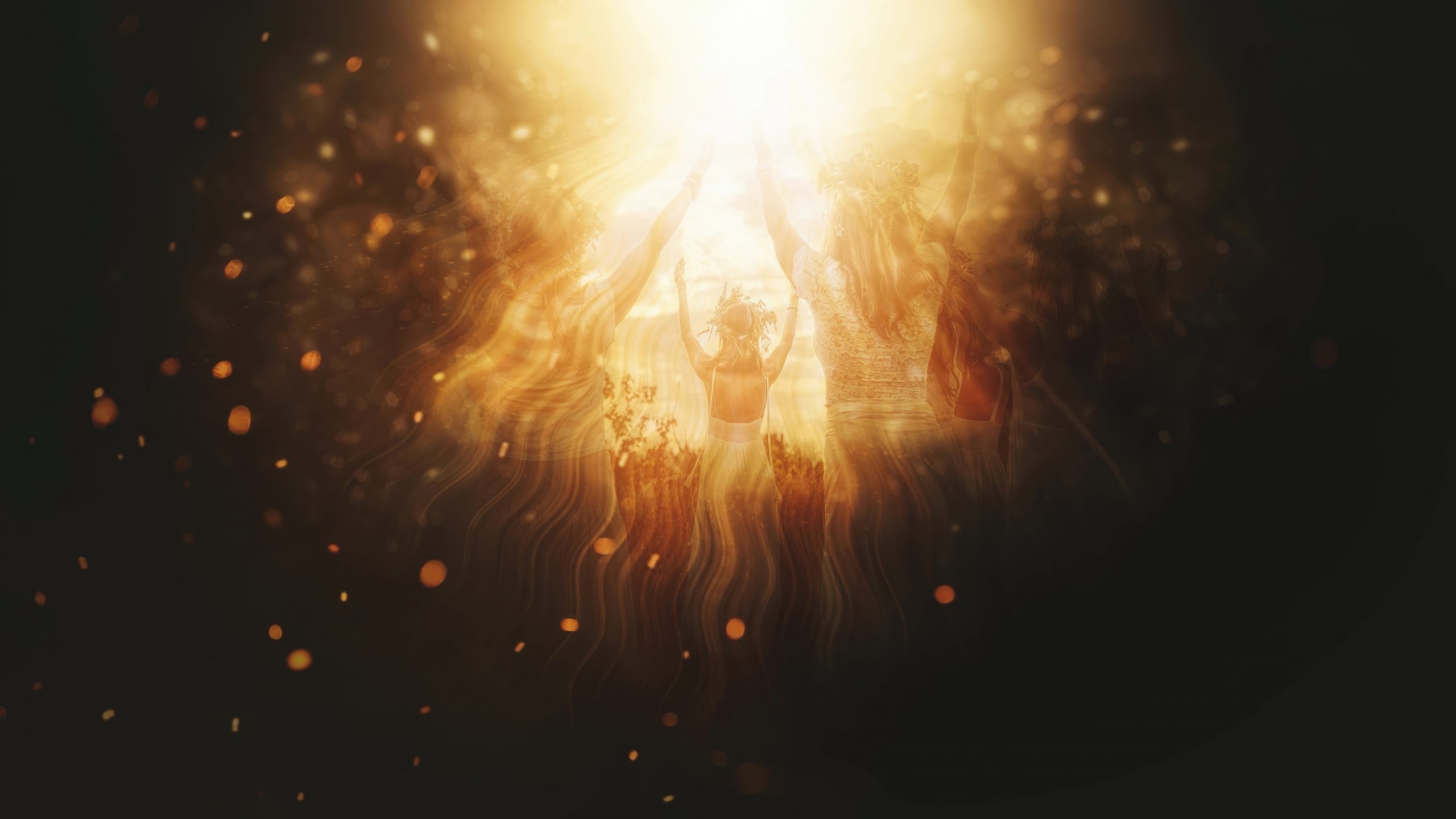 A radiant light envelops a figure with outstretched arms, surrounded by swirling golden particles and a mystical atmosphere.