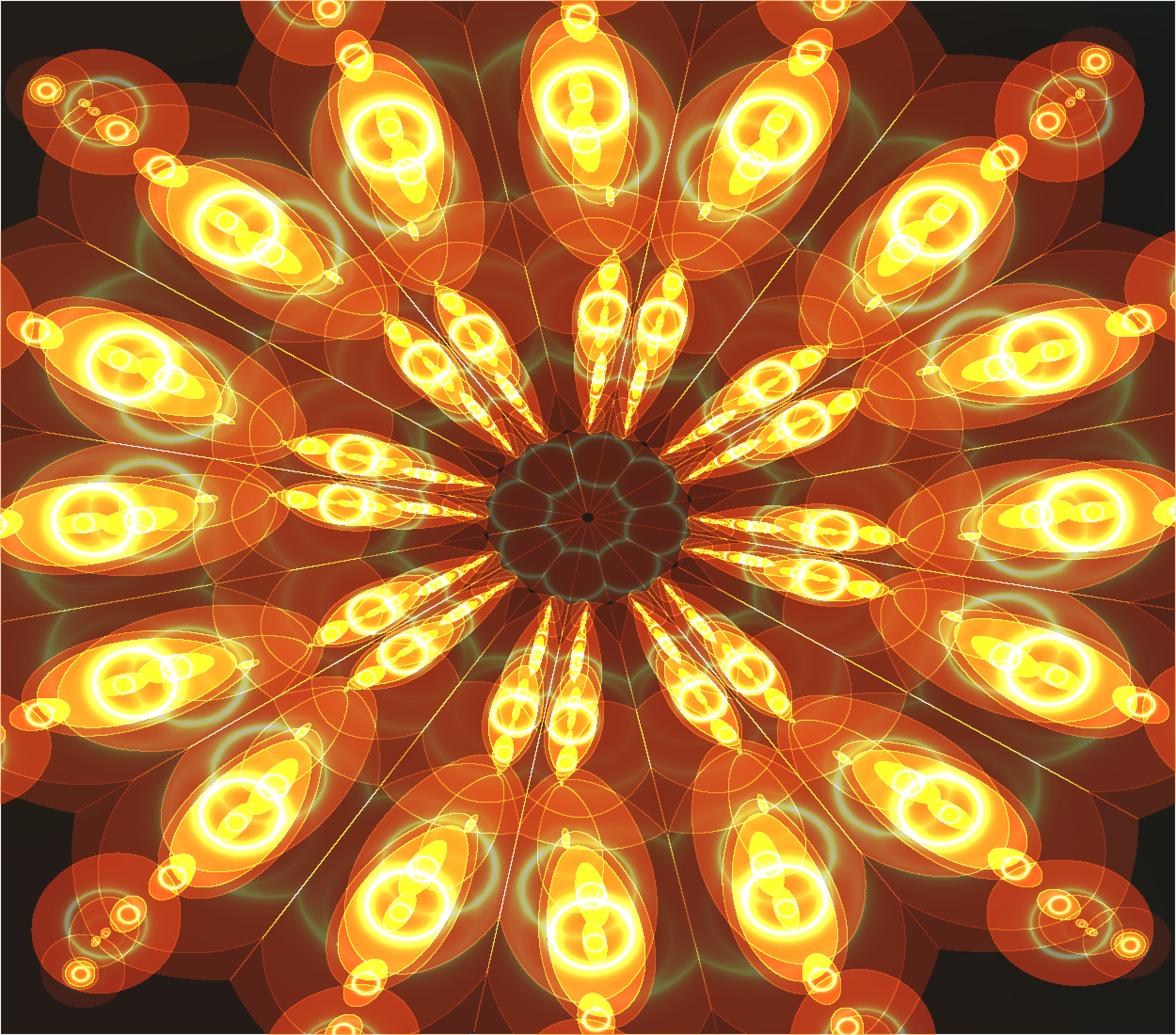 Radiant mandala design featuring vibrant orange and yellow patterns against a dark background.