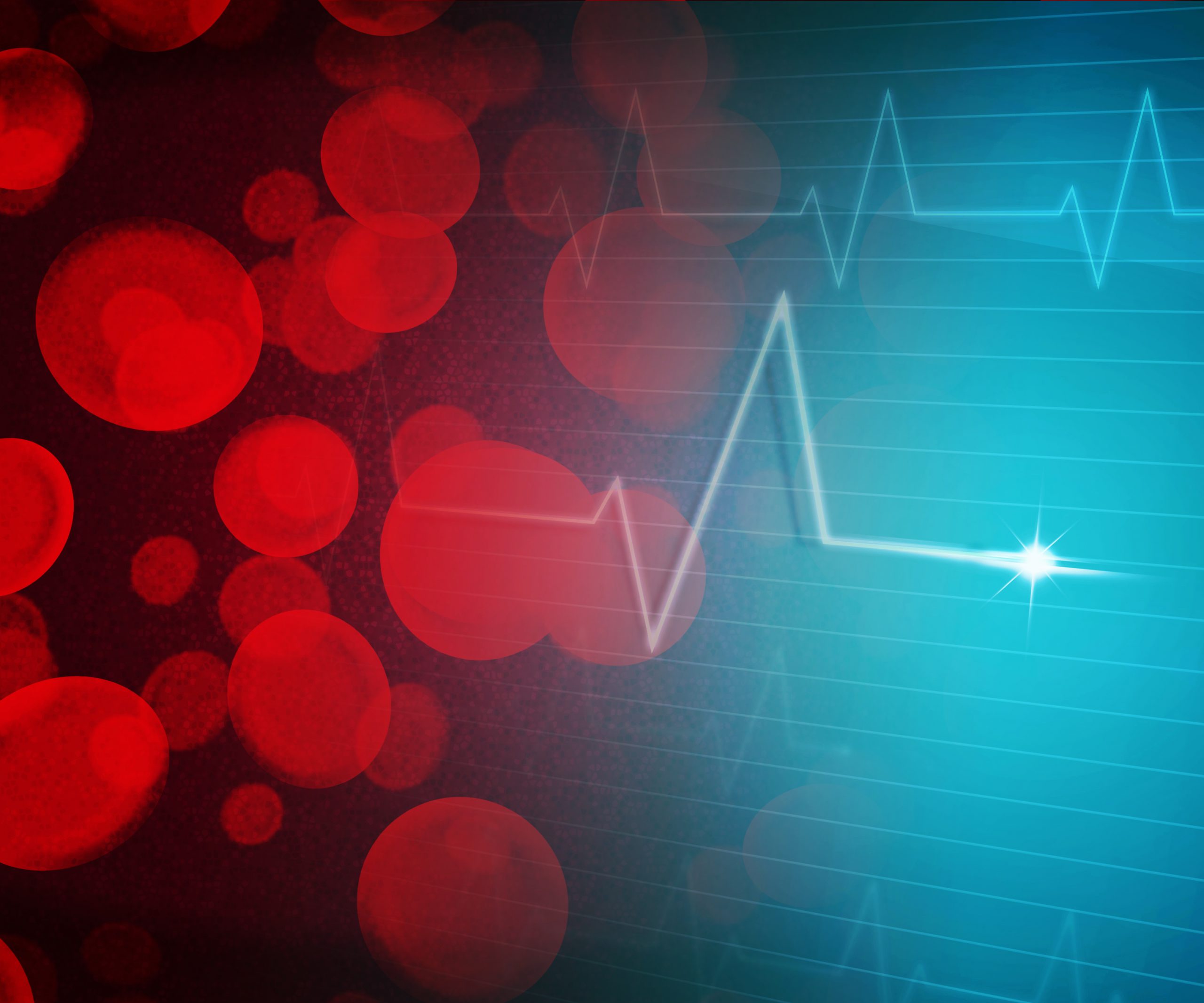 Red blood cells against a blue background with a heartbeat line, symbolizing health and medical monitoring.