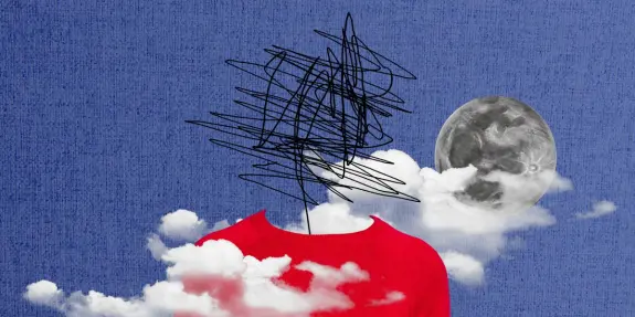 A red sweater-clad figure with a scribbled head, surrounded by clouds and a large moon against a blue background.