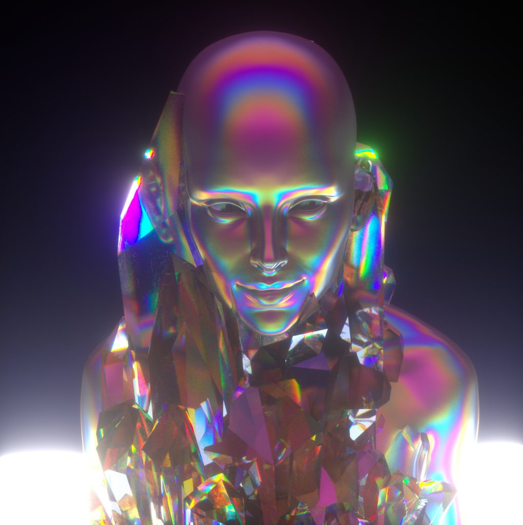 A reflective, faceless figure adorned with colorful crystal shards, illuminated against a dark background.