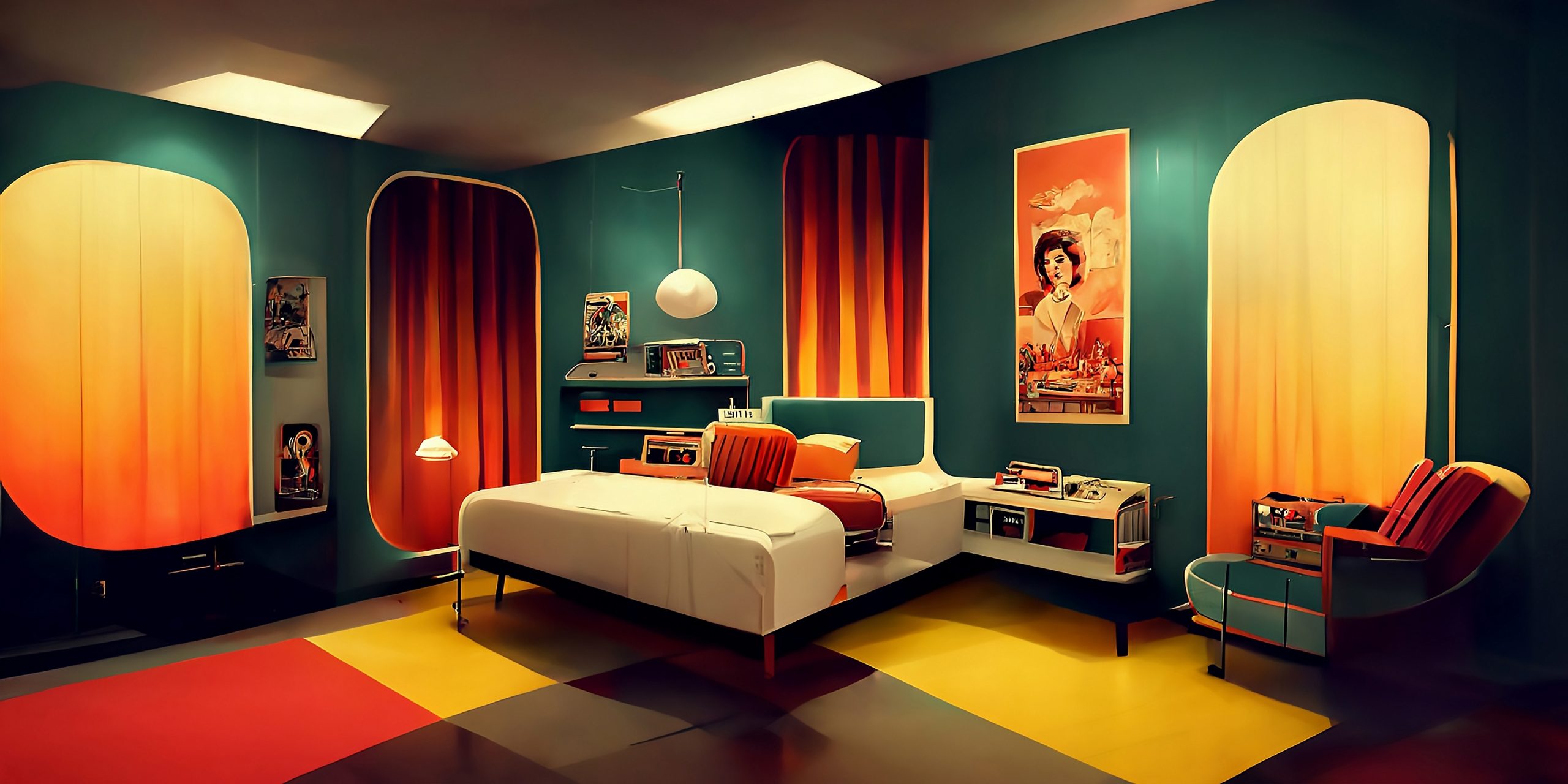 Retro bedroom with bold orange and teal walls, a white bed, vintage posters, and colorful geometric flooring.