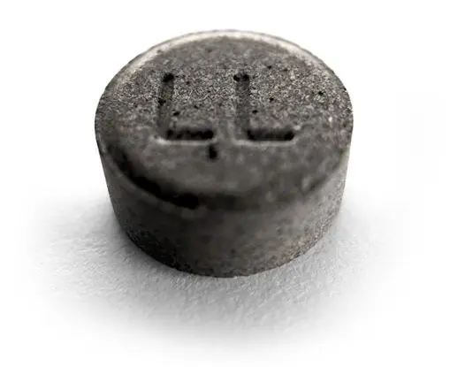Round, gray tablet with a raised "LL" imprint on a white background.