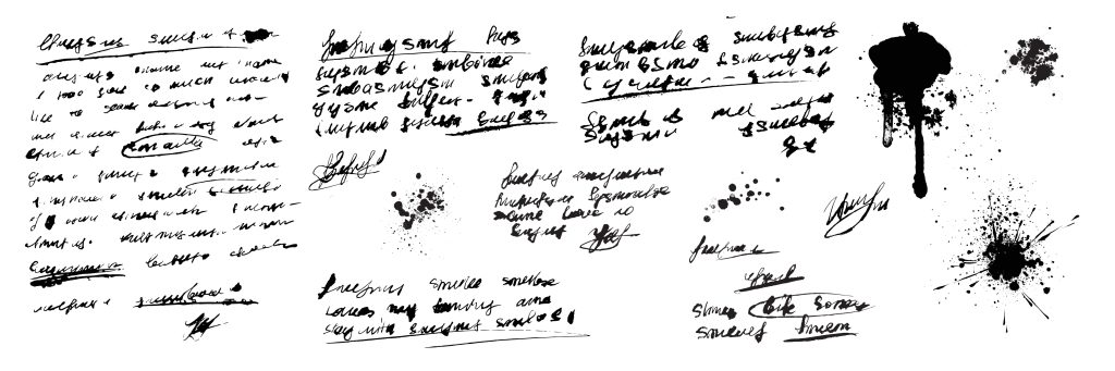 Scattered handwritten notes with ink splatters and various scribbles, conveying a chaotic, creative process.