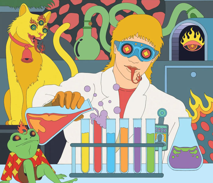 A scientist in goggles mixes colorful liquids in a lab, surrounded by a cat, frog, and whimsical background elements.