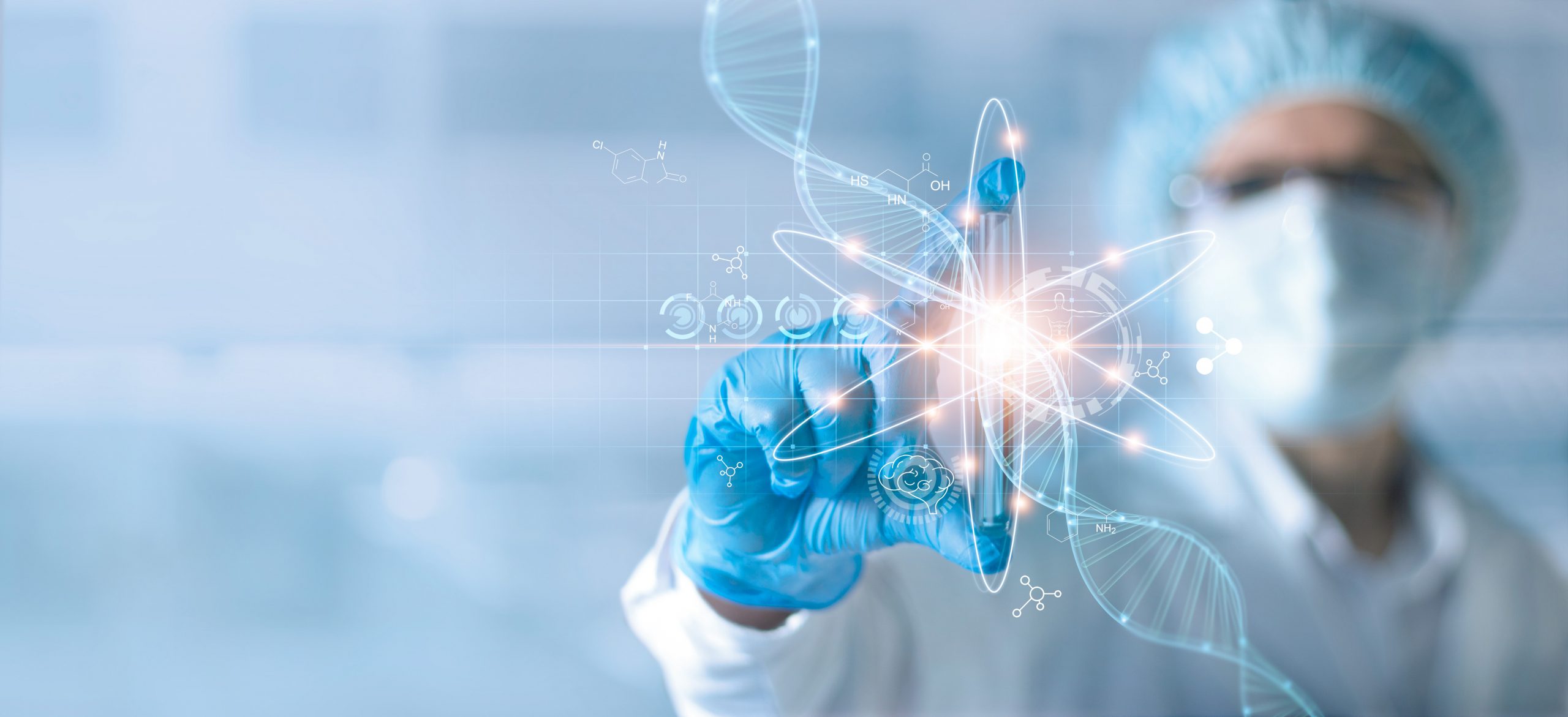 A scientist in a lab coat and mask interacts with a glowing atom model, symbolizing research and innovation in science.