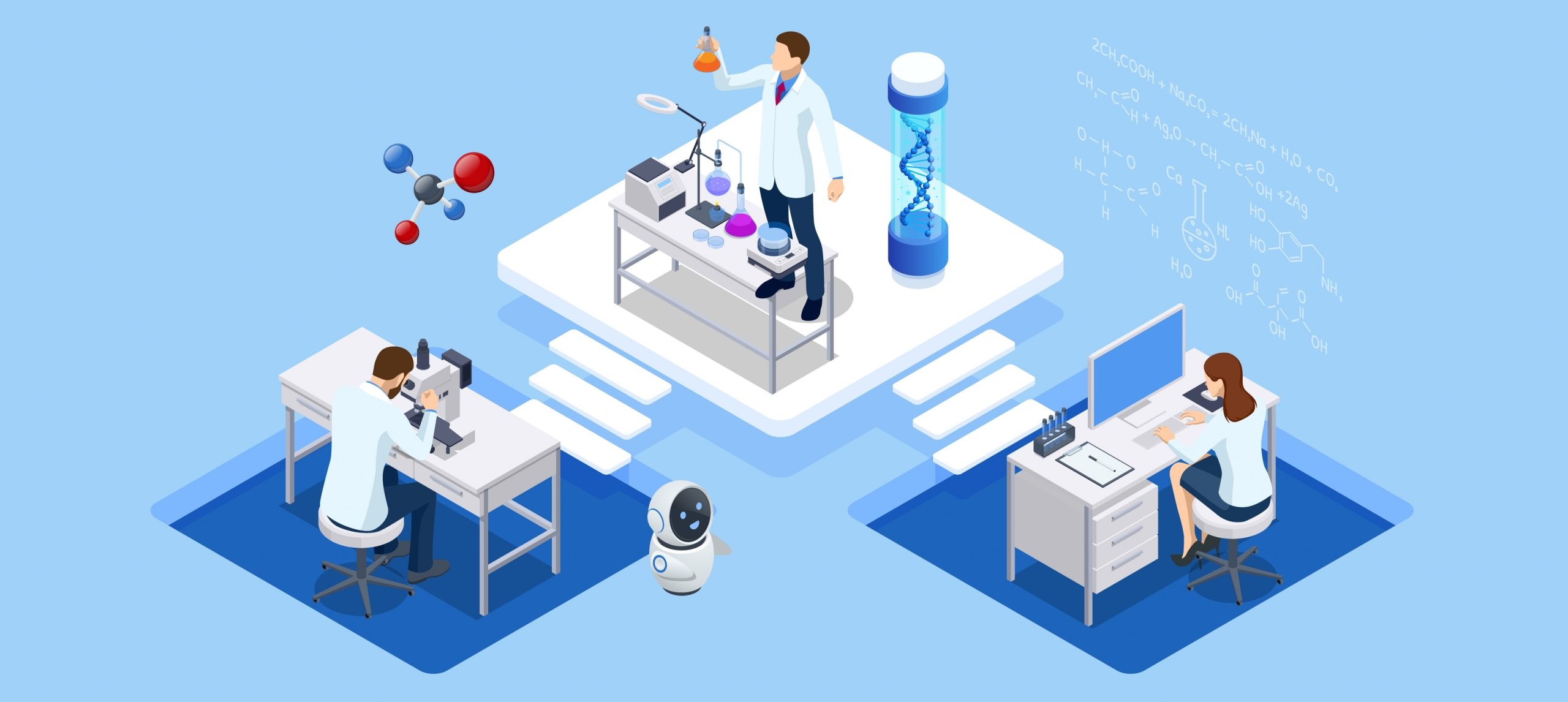 Scientists conduct experiments in a lab, featuring microscopes, test tubes, and a robot assistant, with molecular models.