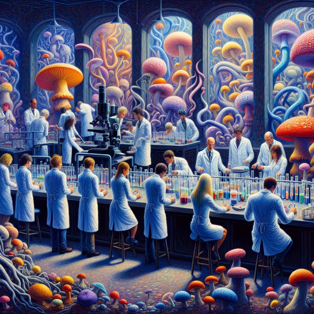 Scientists in white lab coats work at tables filled with colorful liquids, surrounded by vibrant, oversized mushrooms in a...