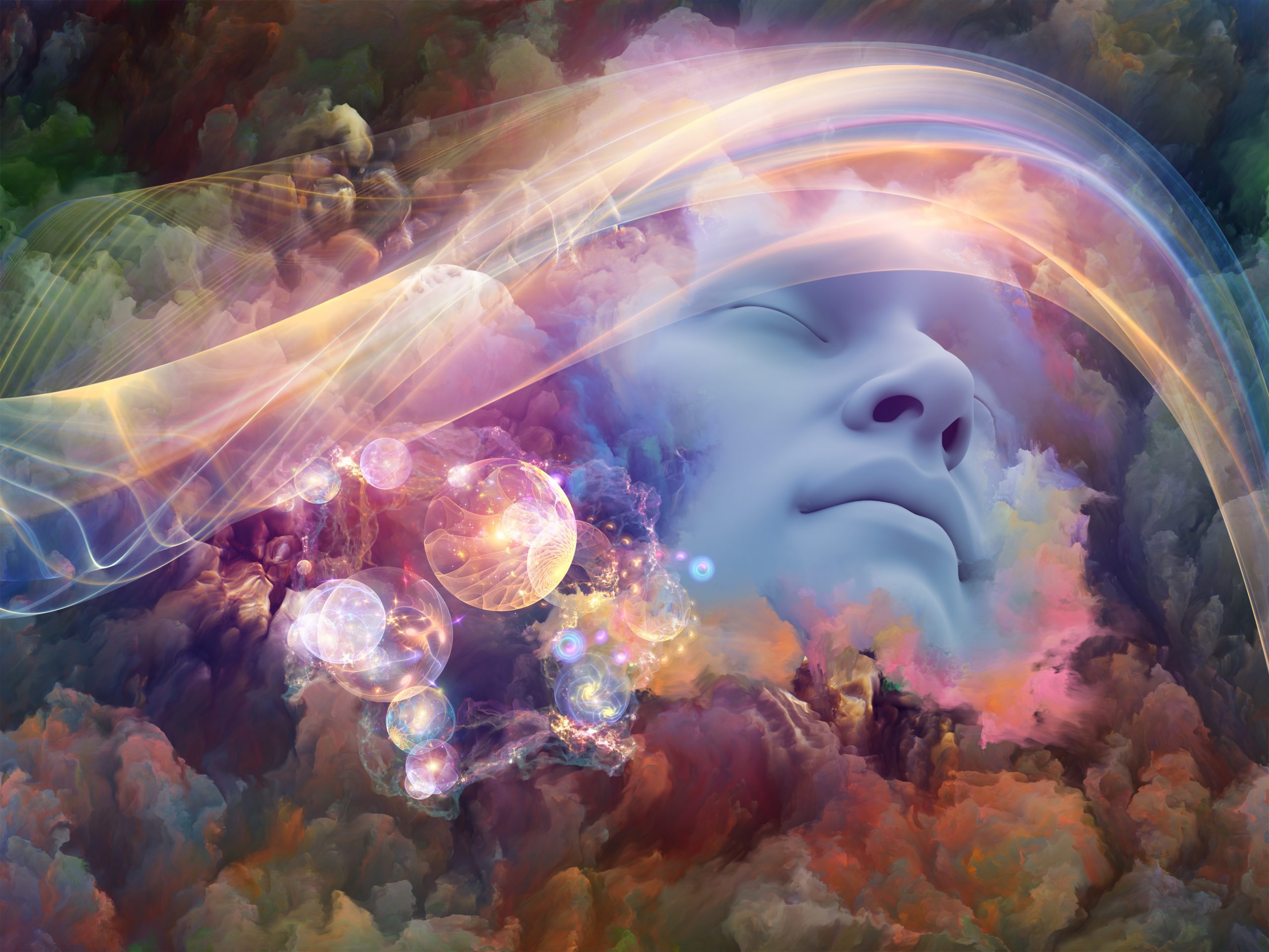 A serene face emerges from colorful, swirling clouds, surrounded by glowing orbs and ethereal light trails.