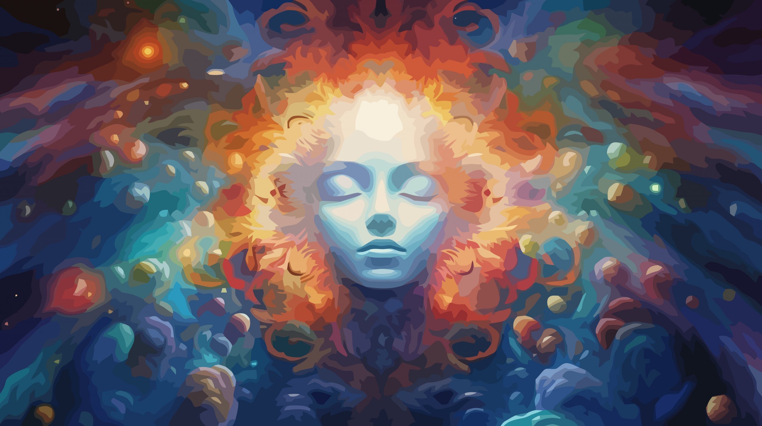A serene face surrounded by vibrant swirls of color, evoking a cosmic and dreamlike atmosphere.
